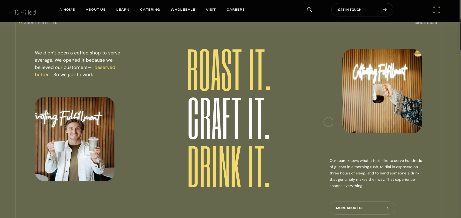 Fulfilled Coffee brand story page — editorial typography and product photography